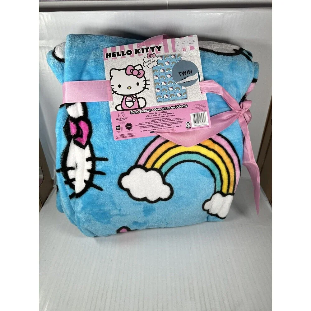 HELLO KITTY Pastel Rainbows & Hearts Blue Plush Throw Blanket Twin XL 60 x 96